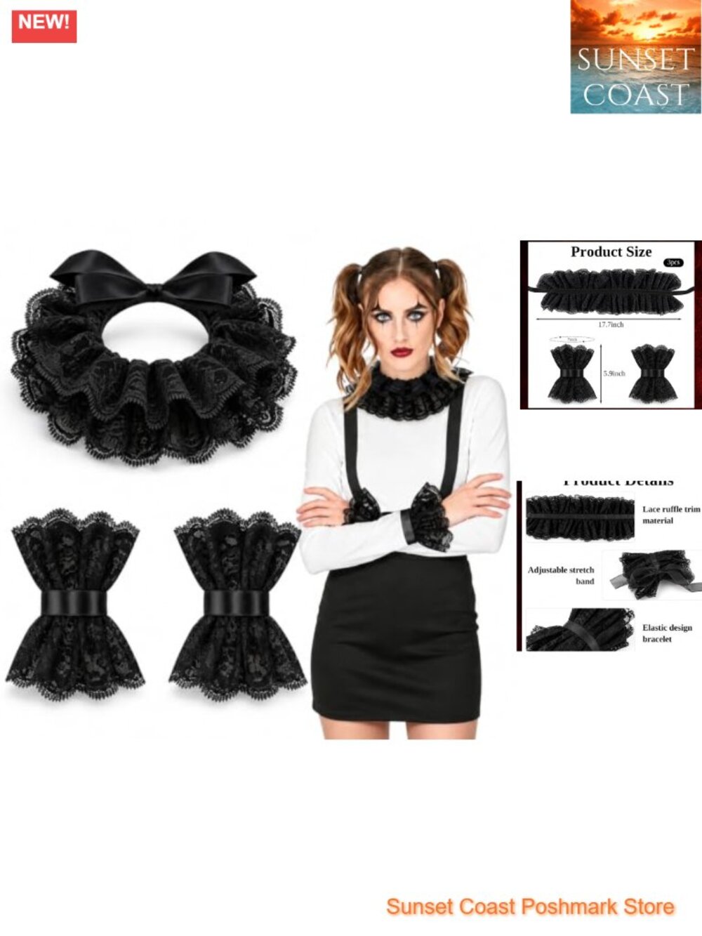 Lace Clown Neck Ruffle Collar & Wrist Cuffs Set Halloween Cosplay Accessory